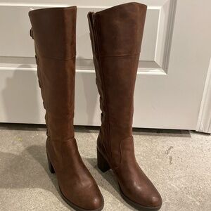 Womens Brown Strappy Gyllian Round Toe Block Heel Boots Shoes 9M - Baretrap